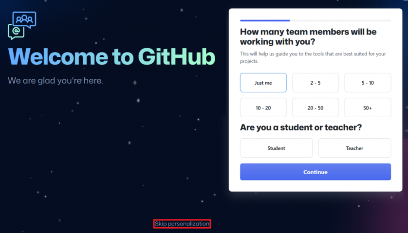 GitHub 询问有关新帐户个性化的问题