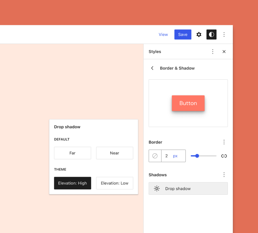 在侧边栏中显示边框和阴影部分的 WordPress 样式编辑器。 它正在显示一个按钮的预览，按钮后面有一个黑色阴影。
