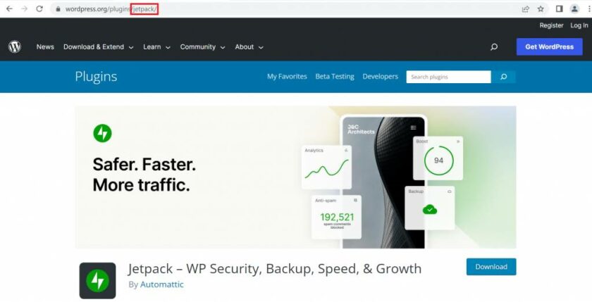 WordPress 官方目录中的 Jetpack 插件页面，URL 中突出显示插件名称