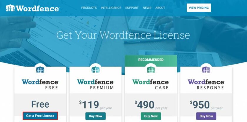 Wordfence 的定价，突出显示“获取免费许可证”按钮以完全免费使用它