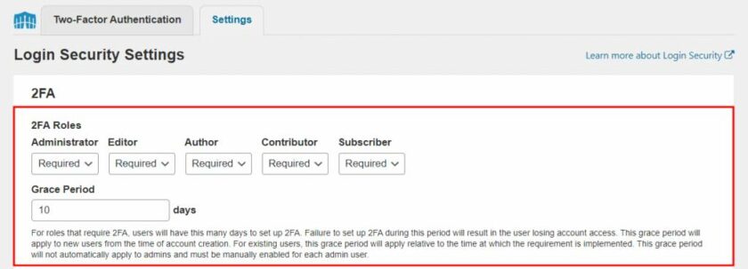 登录安全设置下的 Wordfence 的 2FA 角色部分