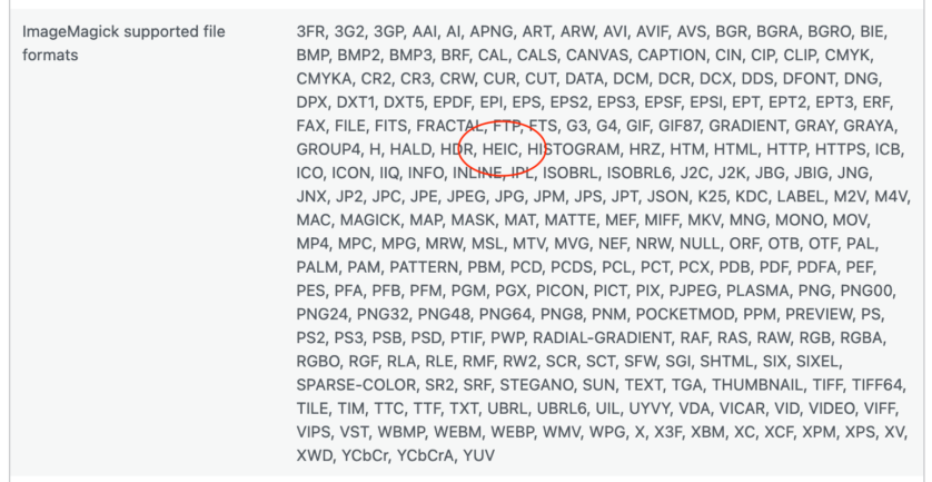 WordPress 中“ImageMagick 支持的文件格式”字段的屏幕截图